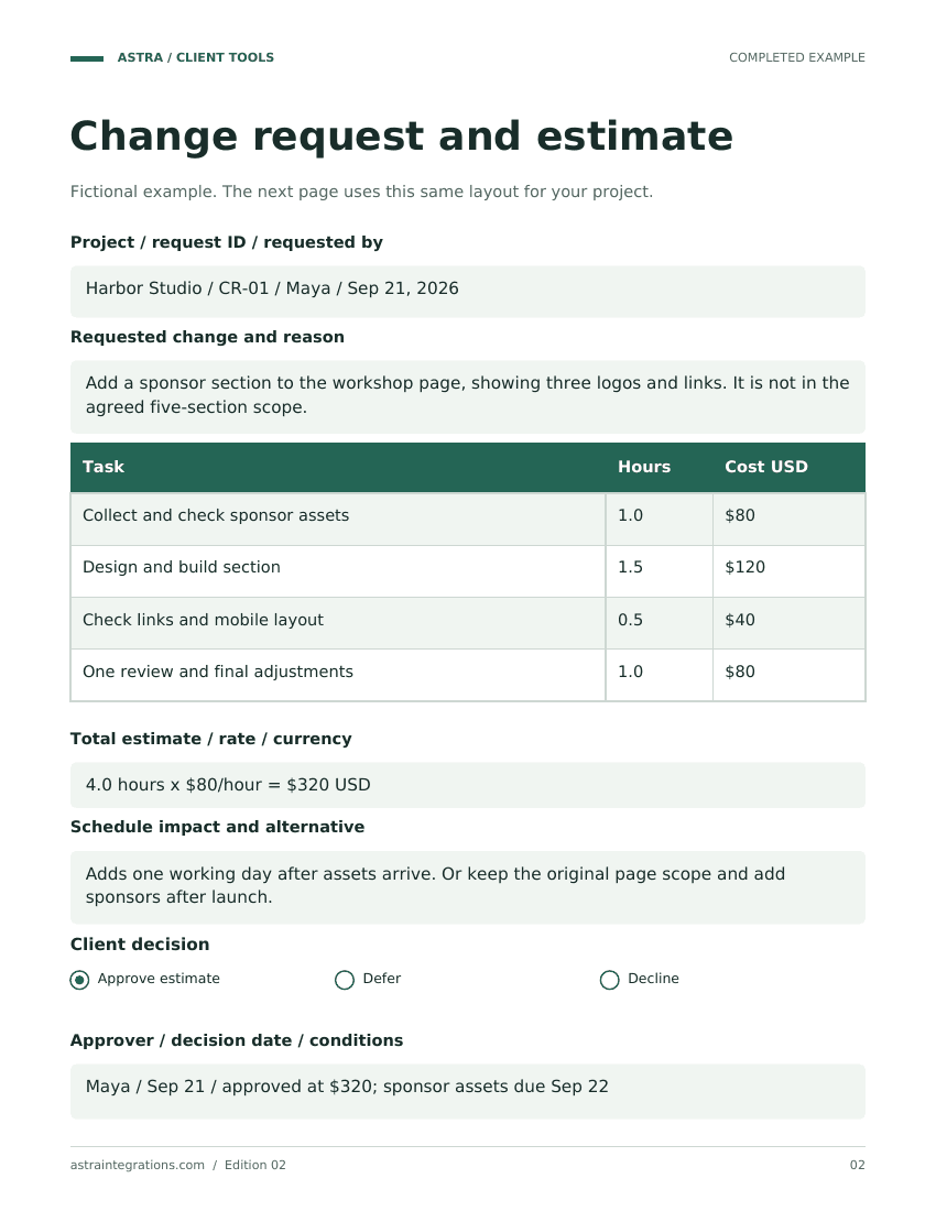 Sample completed example page from Change request kit