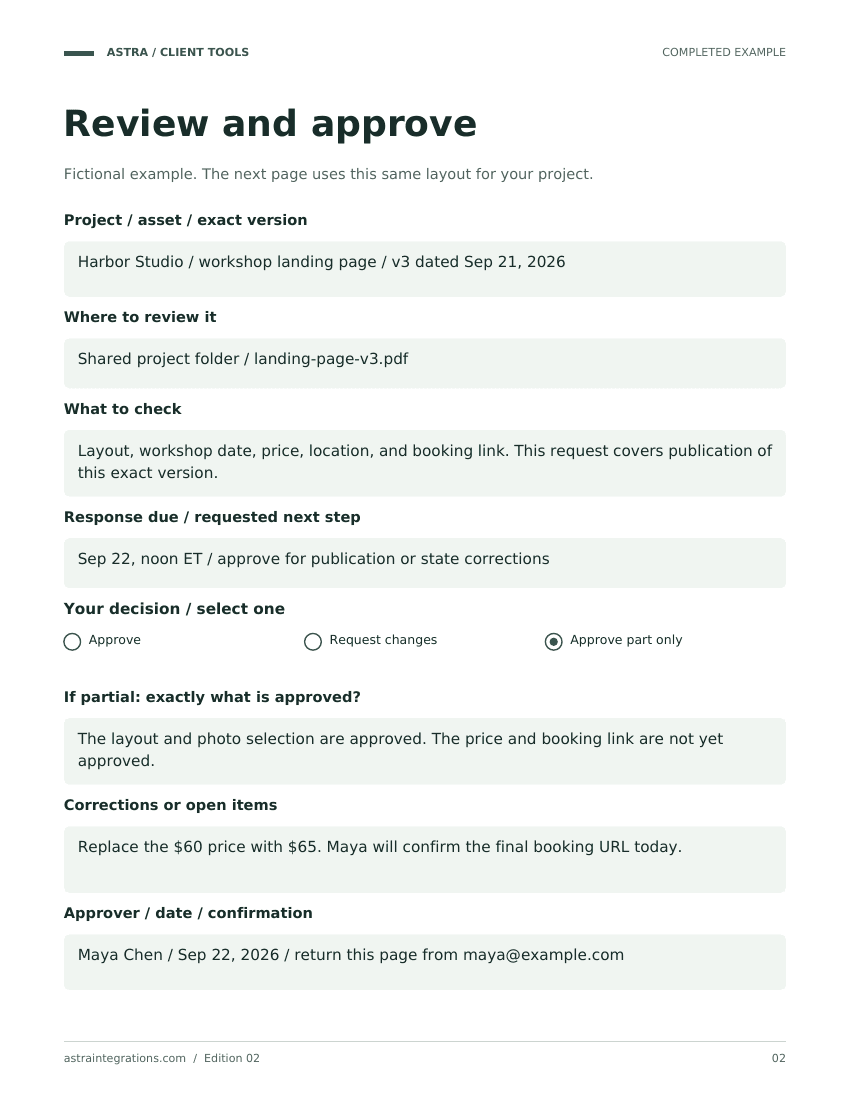 Sample completed example page from Client approval kit