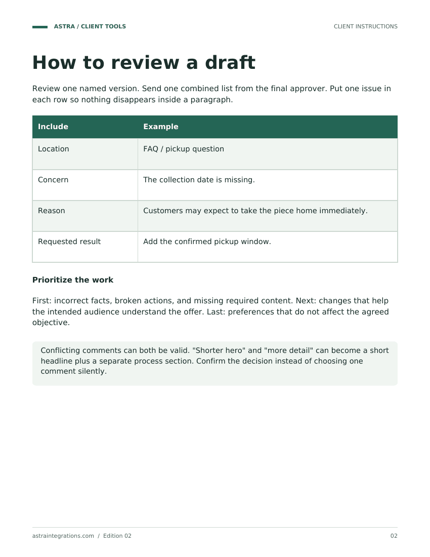 Sample completed example page from Client feedback kit