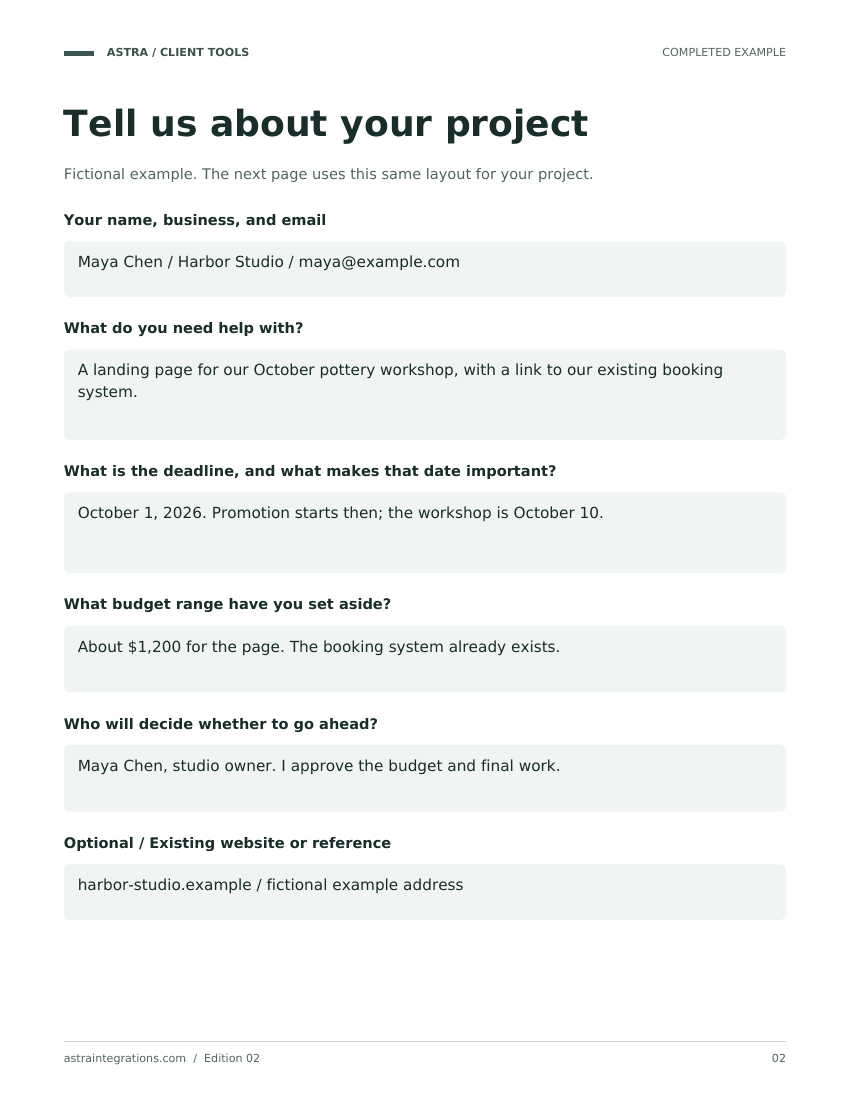 Sample completed example page from Client intake workbook