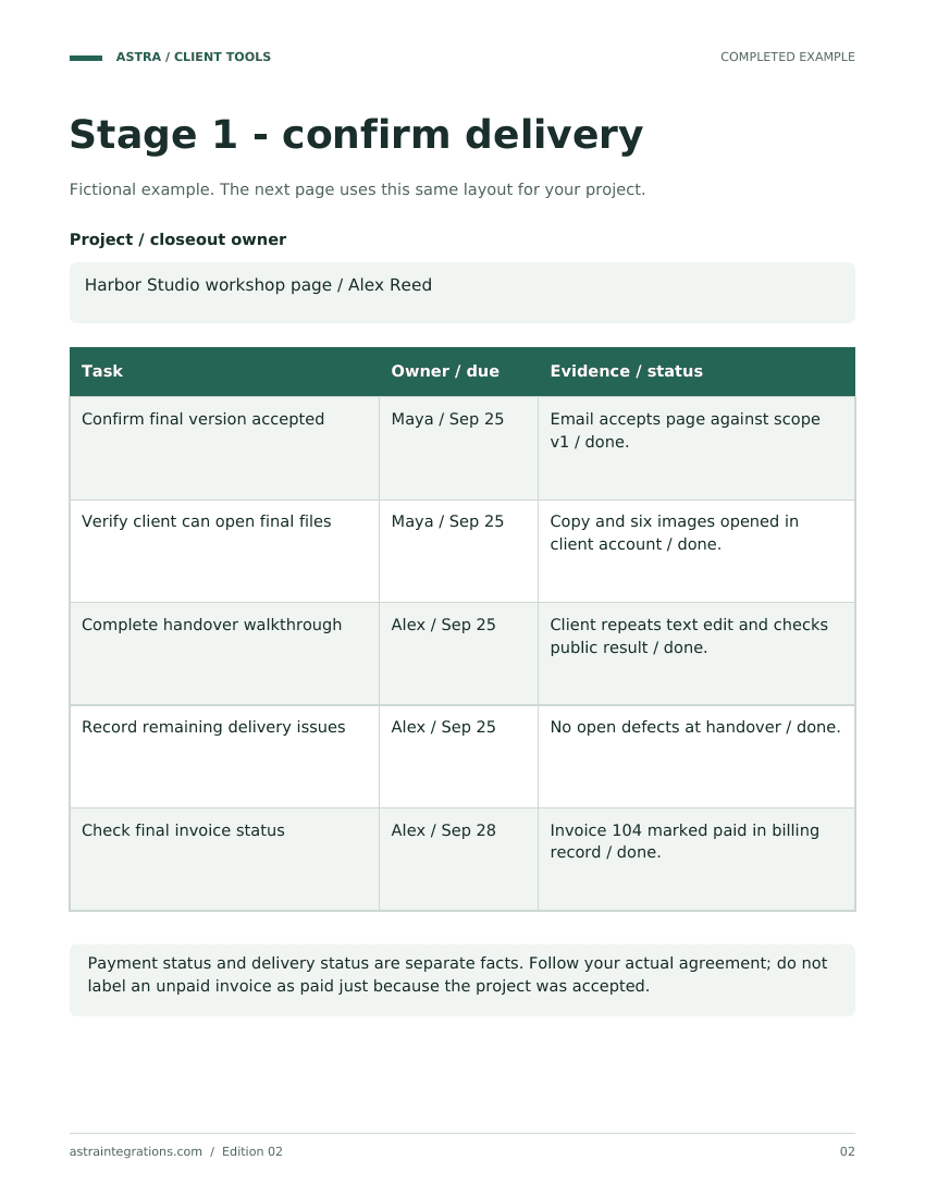 Sample completed example page from Client offboarding checklist