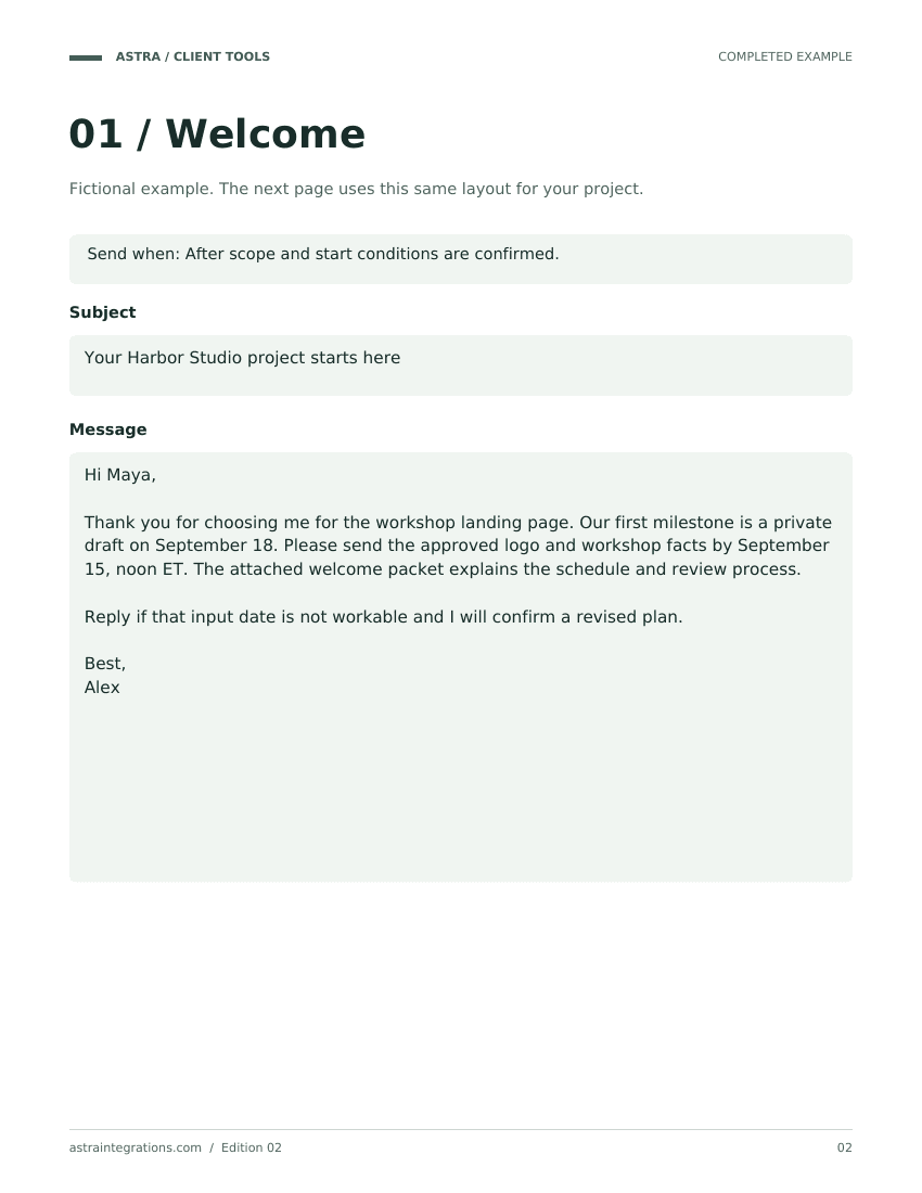 Sample completed example page from Client onboarding emails