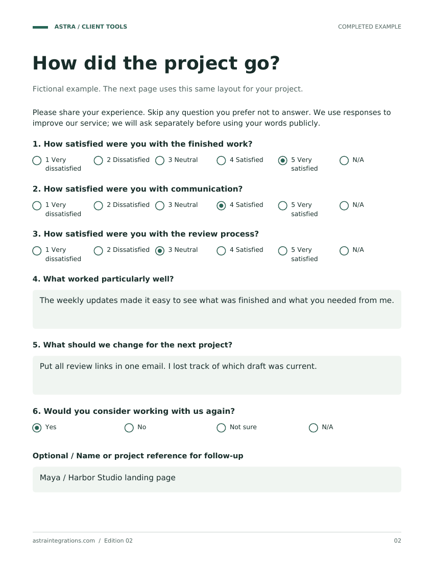 Sample completed example page from Client satisfaction survey