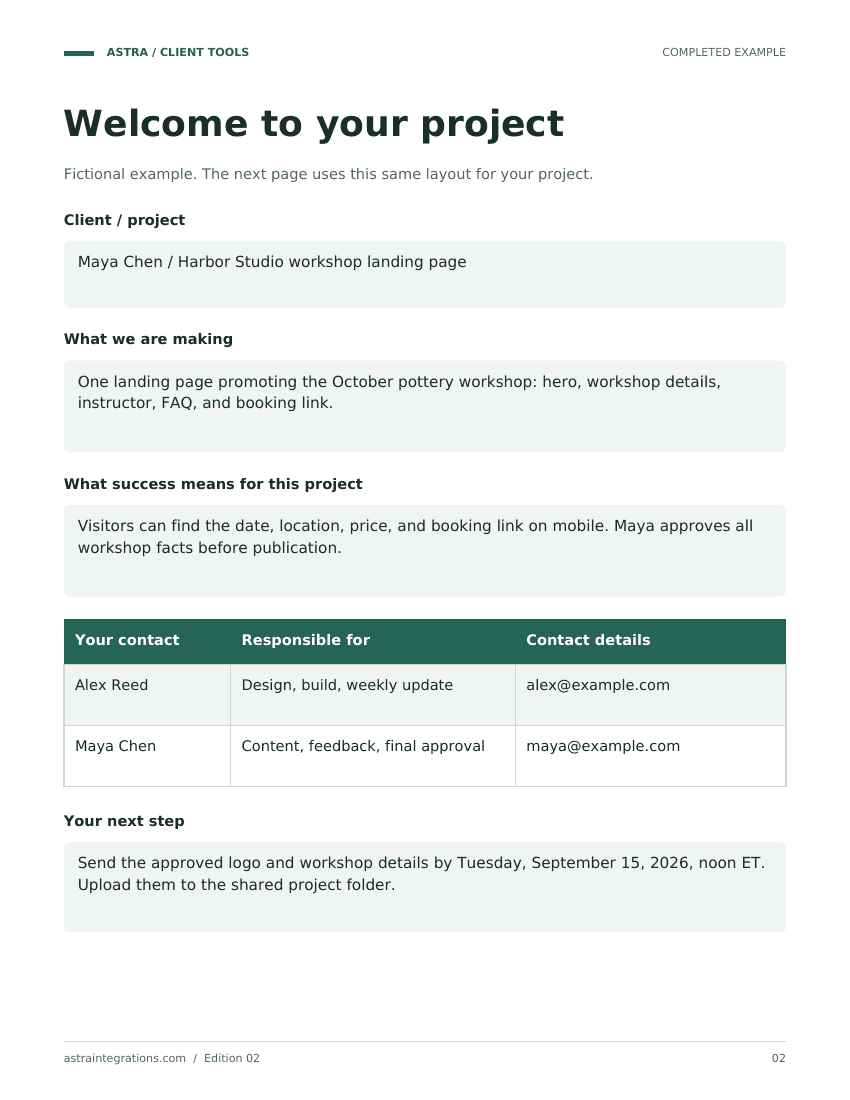 Sample completed example page from Your client welcome packet