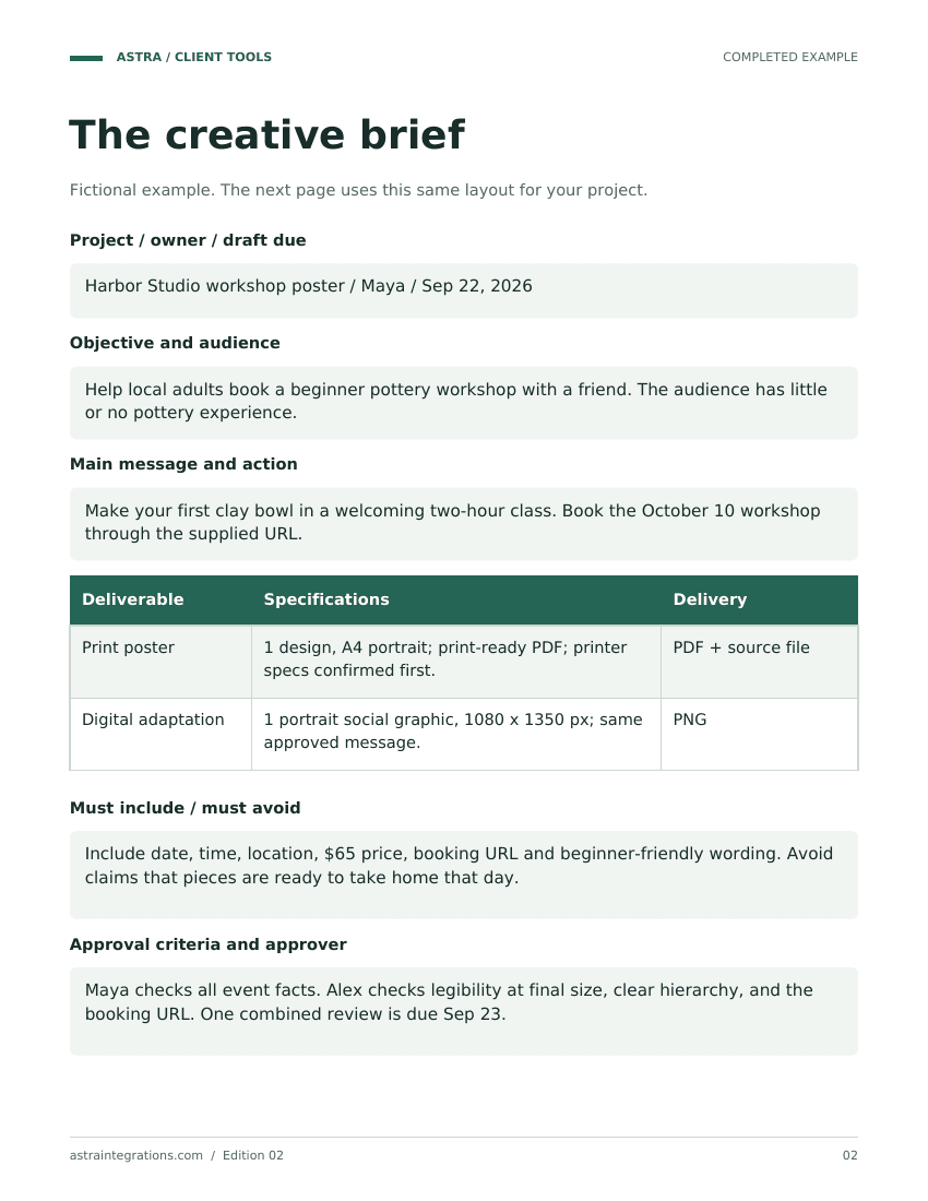 Sample completed example page from Creative brief workbook