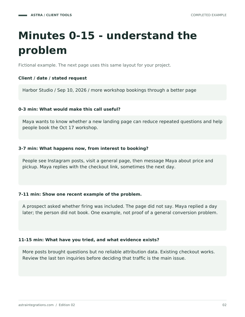 Sample completed example page from Discovery call workbook