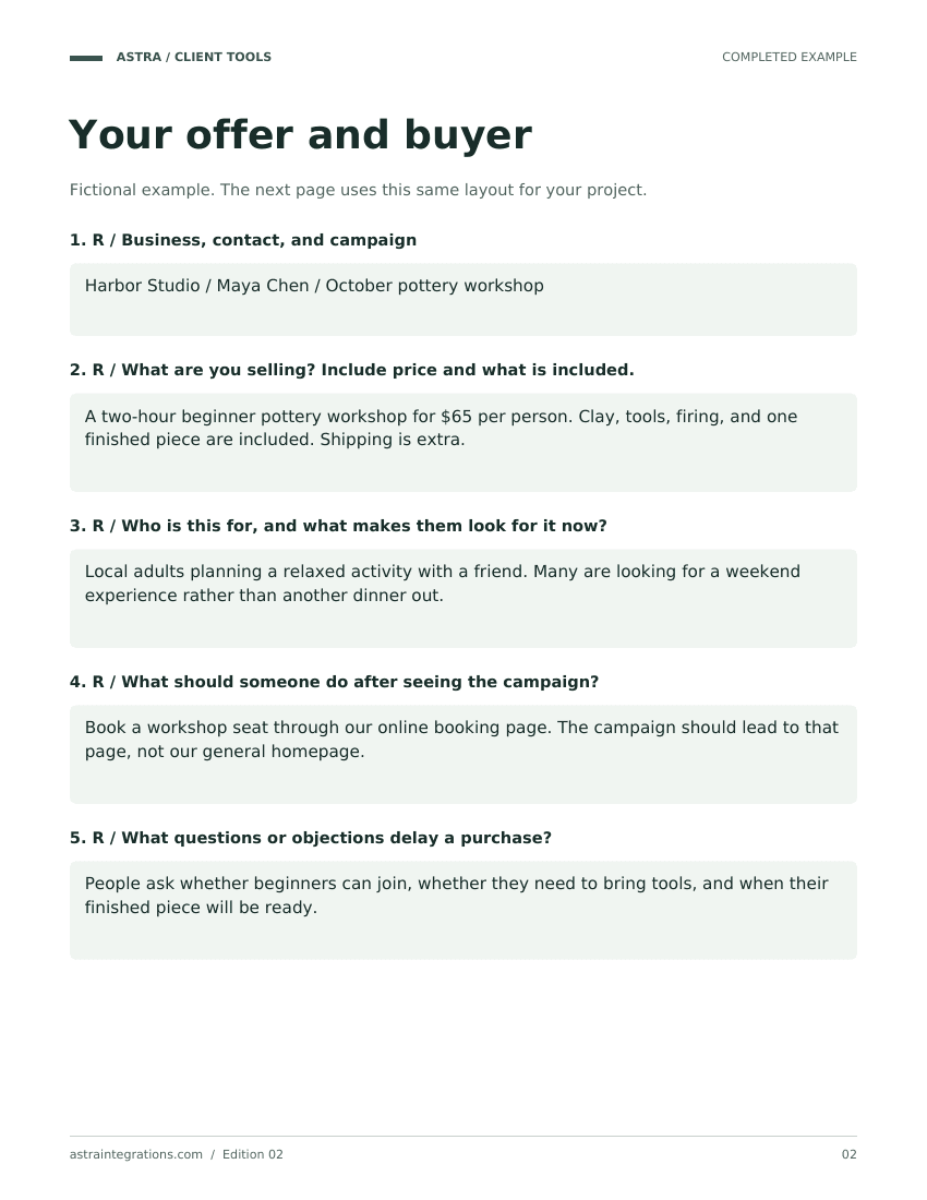 Sample completed example page from Marketing client questionnaire