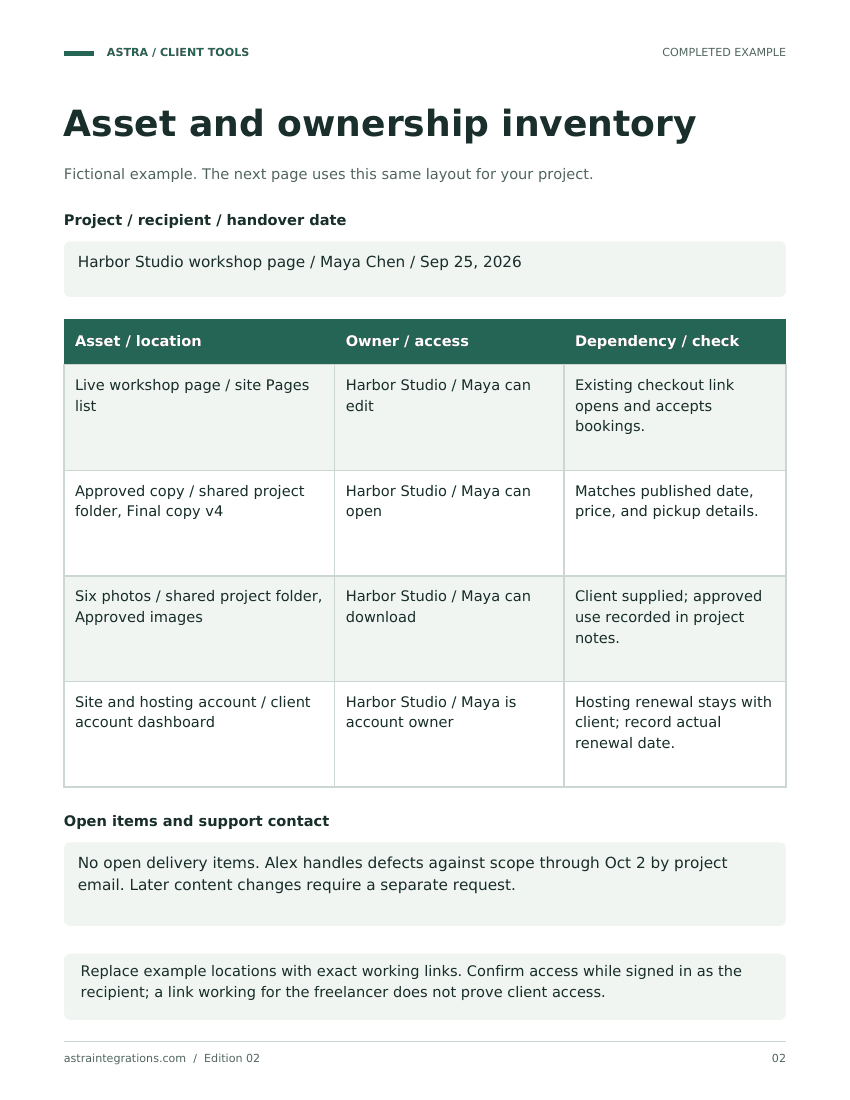 Sample completed example page from Project handover kit