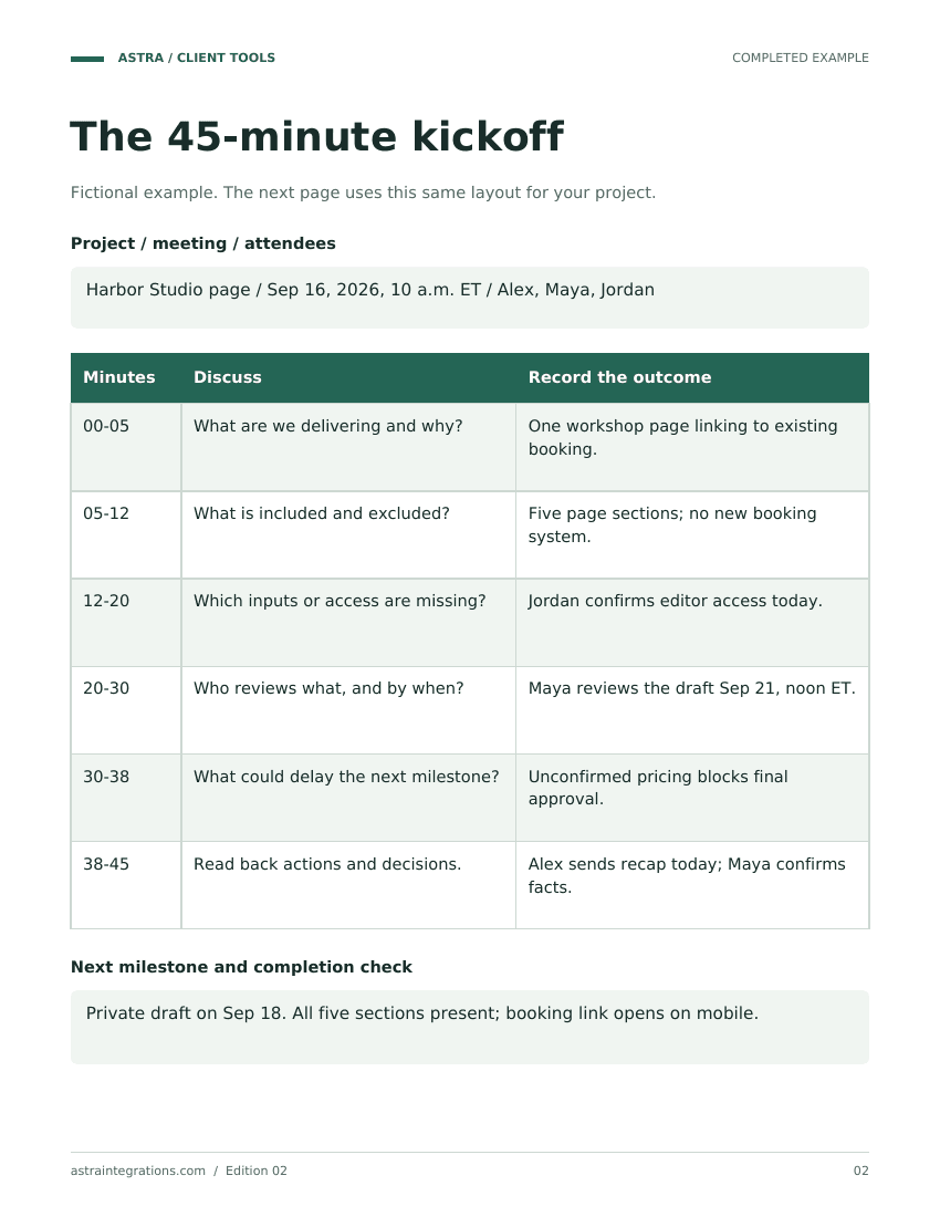 Sample completed example page from Project kickoff agenda