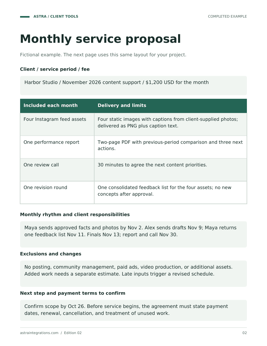 Sample completed example page from Retainer proposal workbook