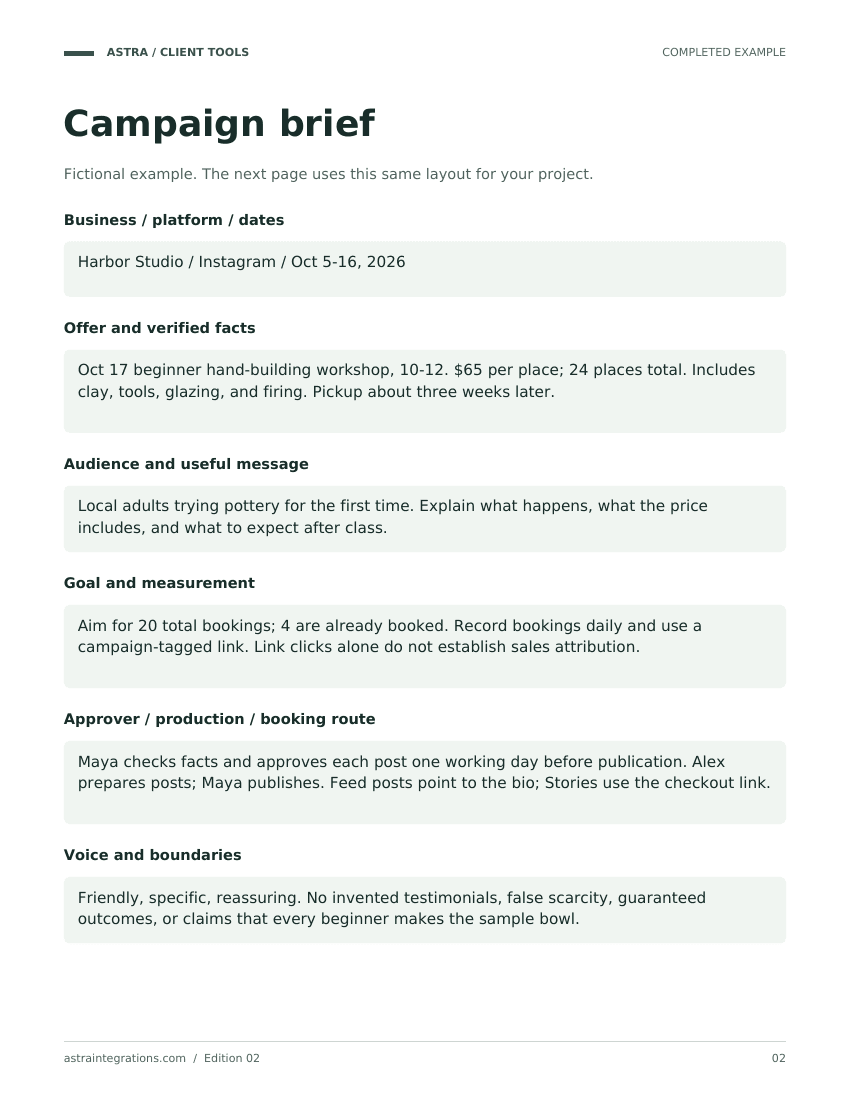 Sample completed example page from Social media brief